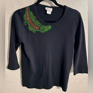 Distinct “Gator Over the Shoulder” Long Sleeve Bedazzled Top